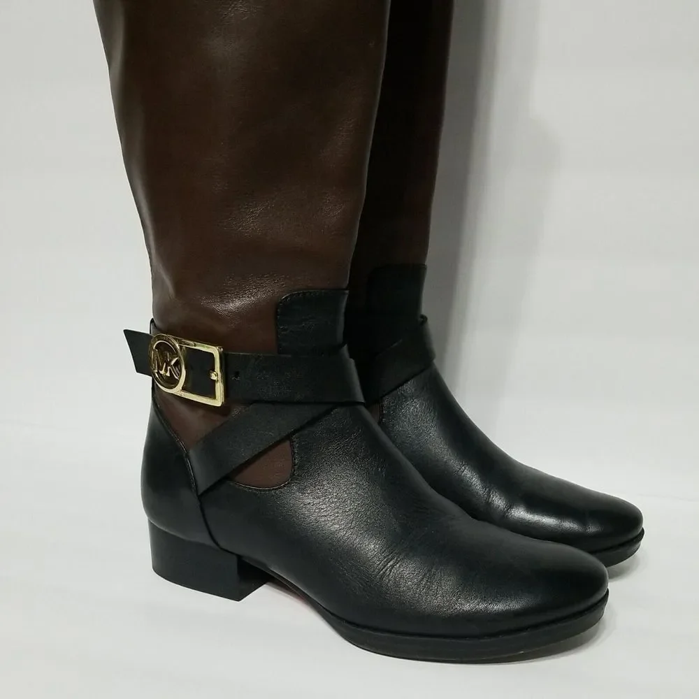 MICHAEL KORS Tall Fulton Black Brown Leather Harness Knee High Boots Women 5.5 M